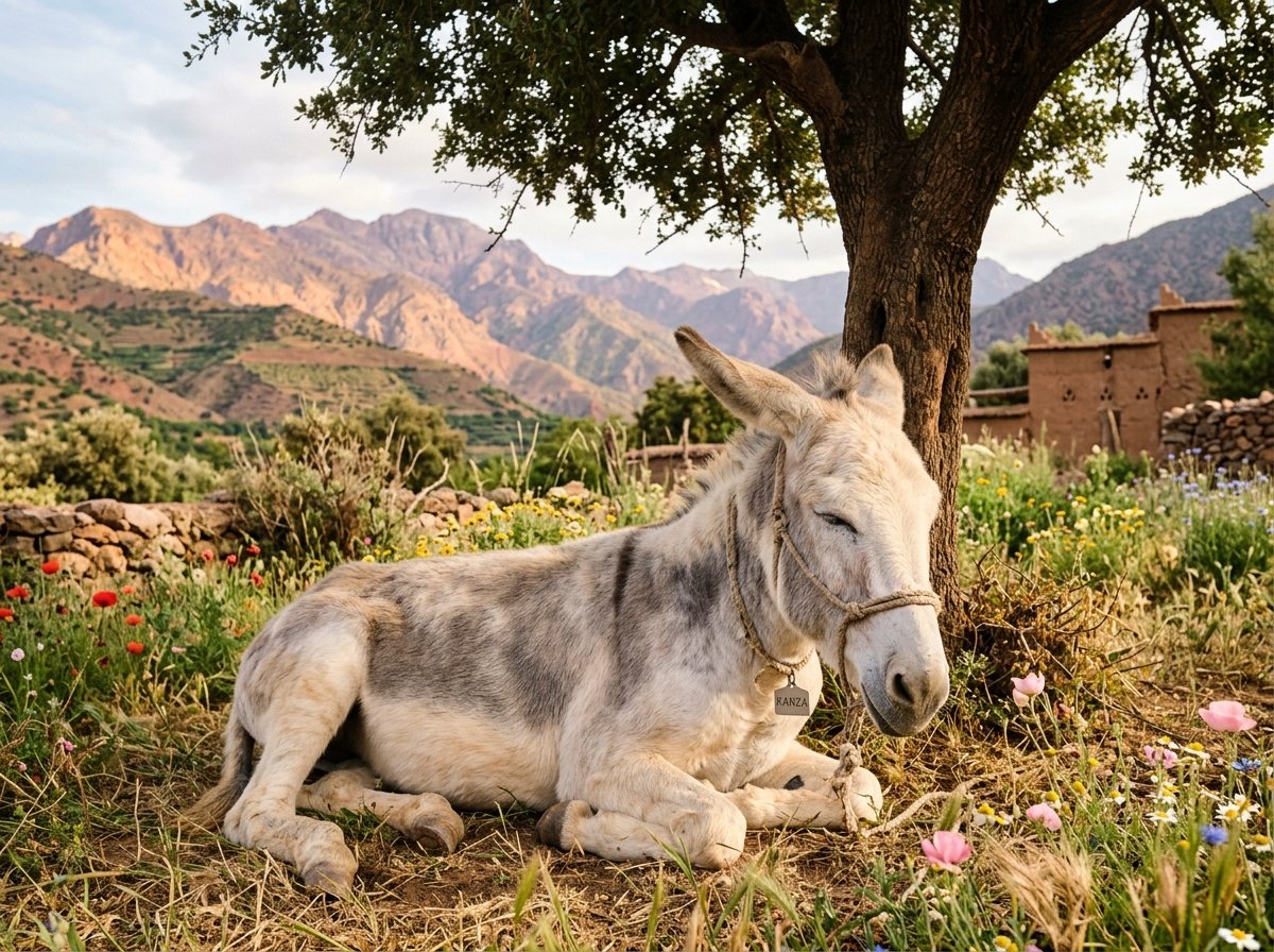 Kanza the white donkey resting peacefully