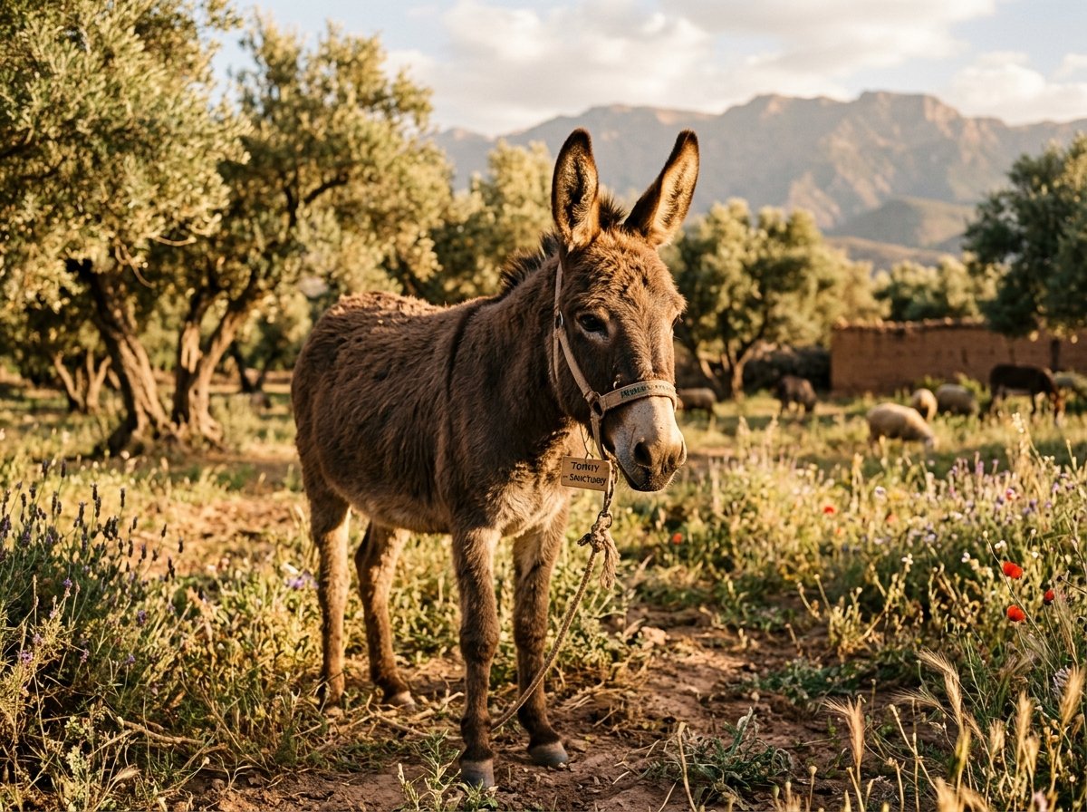 Tommy the donkey standing in the olive grove