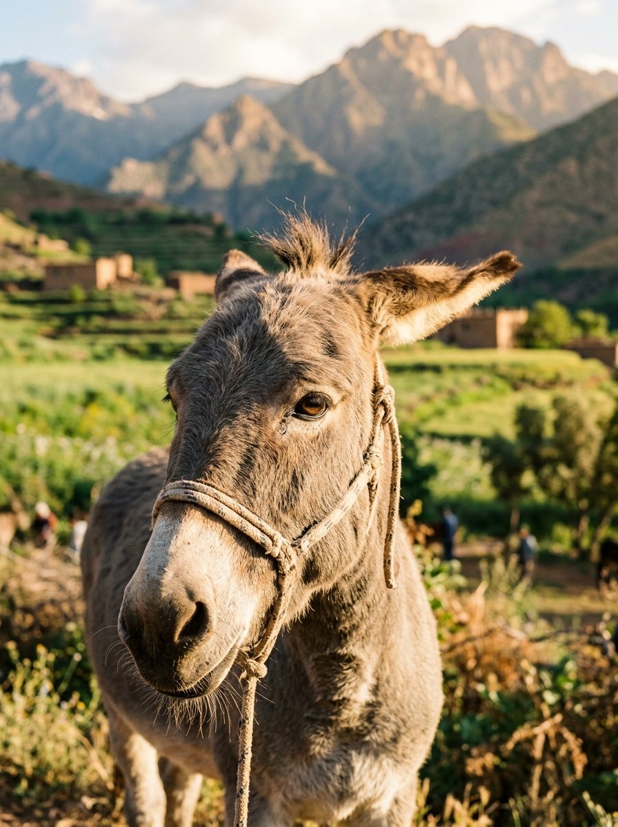 Rescued gentle donkey at Jarjeer Sanctuary in golden morning light